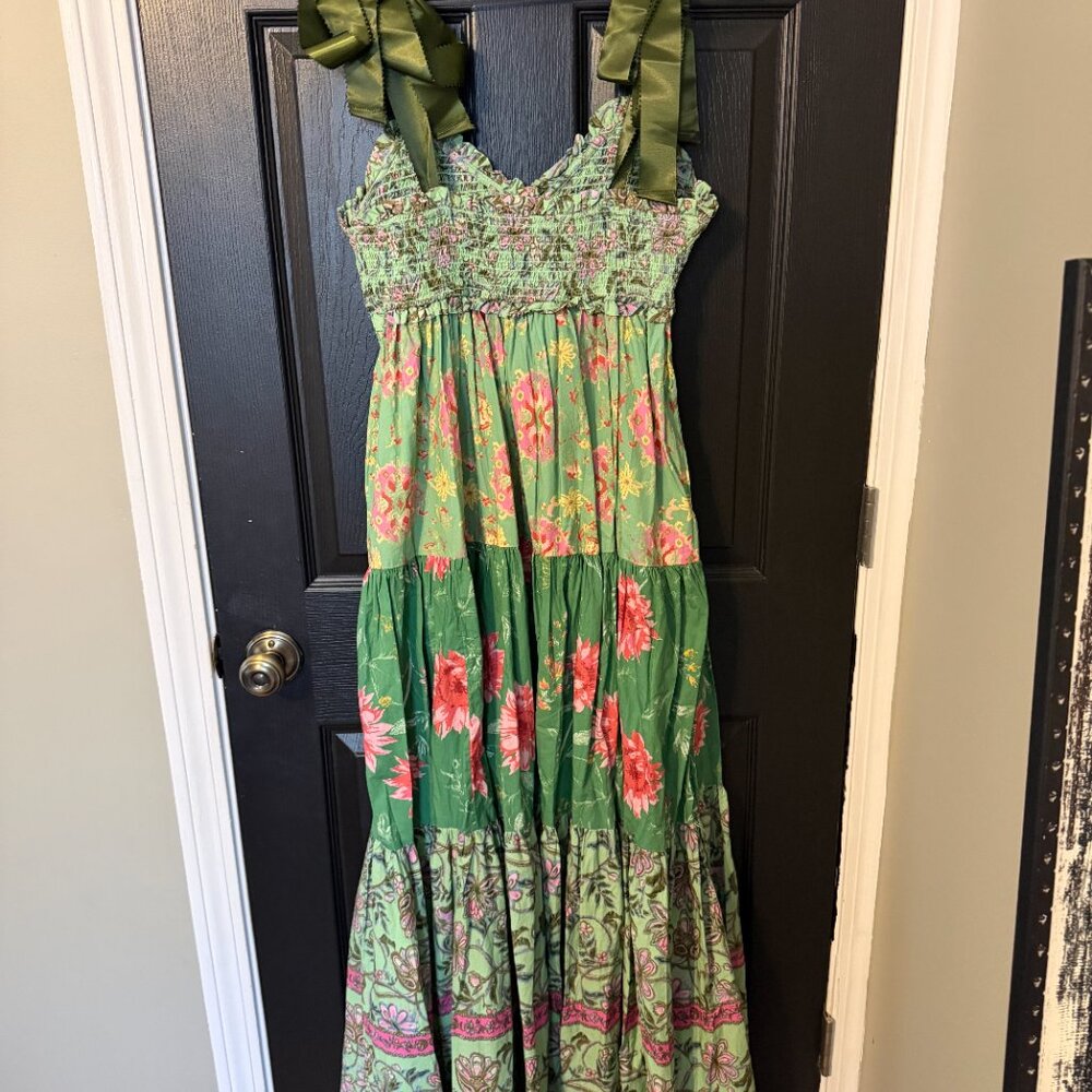 NWOT Free People Oversized Maxi Dress Floral Green Pink Lace Straps Medium - Picture 4 of 7